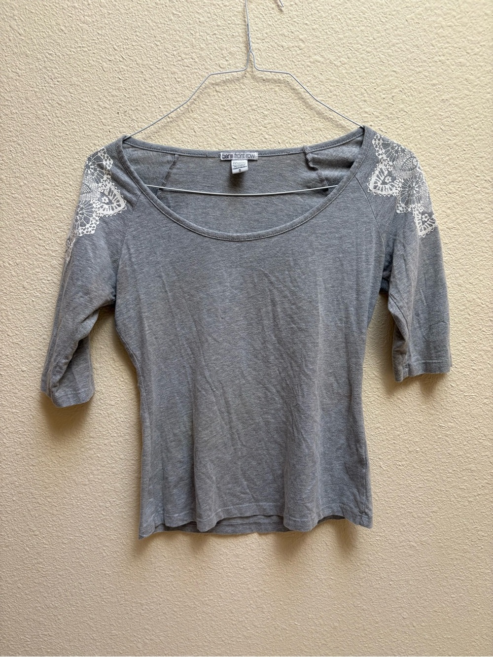 Gray Crochet-Shoulder Scoop Neck Top